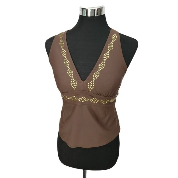 Contour By‎ Beach Scene Brown Studded V-Neck Tankini Swimsuit Top Size 8 - Picture 1 of 11